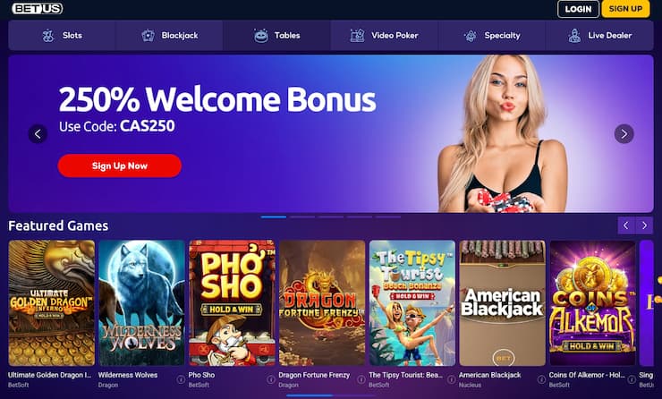 Main screen from BetUS, a major player among mobile casinos.